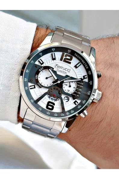 Ferrucci Gümüş Renk Spor Model Çelik Kordon Fonksiyonlu Orijinal Erkek Kol Saati + BİLEKLİK HEDİYELİ ürün görseli 1