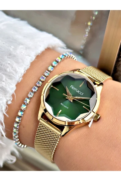 Ferrucci Altın Renk Kesme Cam Model Hasır Kordon  Kadın Kol Saati + BİLEKLİK ürün görseli 1