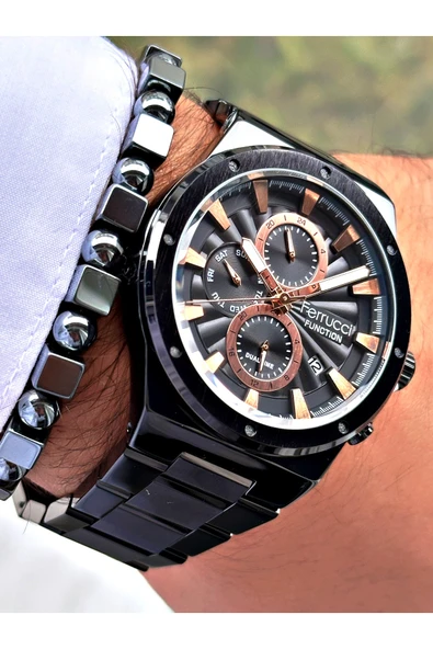 Ferrucci Siyah Renk Fonksiyonlar Aktif Spor Çelik Kordon  Erkek Kol Saati + BİLEKLİK - Resim 4