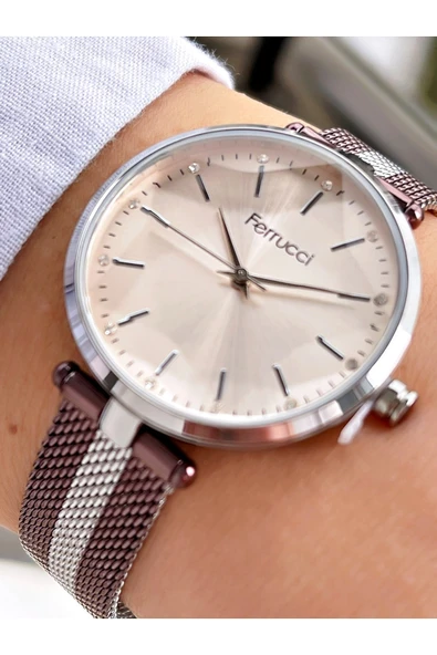 Ferrucci Bordo Silver Çift Renk Klasik Hasır Kadın Kol Saati ürün görseli 1