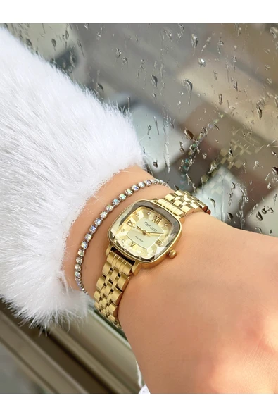 Ferrucci Altın Gold Renk Gold Kadran Klasik Sade Model Kadın Kol Saati Taşlı Bileklik Hediyeli - Resim 2