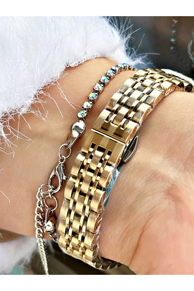 Chaperone Altın Renk Taşlı Model Kare Kadın Kol Saati + BİLEKLİK - Resim 4