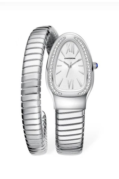 Chaperone Gümüş Renk Yılan Model Dolamalı Kadın Kol Saati + BİLEKLİK ürün görseli 1