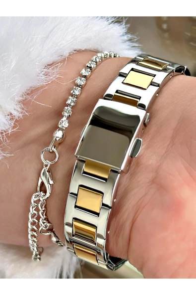 Ferrucci Gümüş Gold Renk Kare Model Taşlı Çelik Kordon Kadın Kol Saati + BİLEKLİK HEDİYELİ - Resim 4