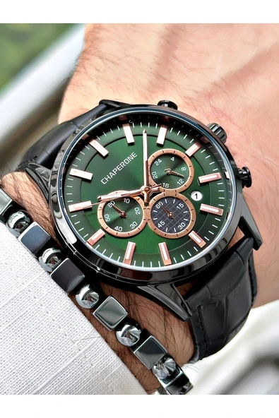 Chaperone Siyah Renk Deri Kordon Fonksiyonlu  Erkek Kol Saati + BİLEKLİK HEDİYELİ By REWARD - Resim 3