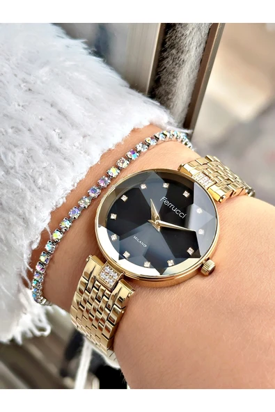 Ferrucci Altın Renk Kesme Cam Kristal Model Şık Model Kadın Kol Saati + BİLEKLİK HEDİYELİ ürün görseli 1