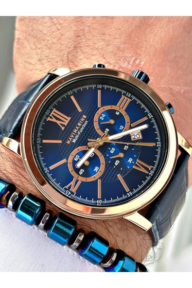 Navimarine Lacivert Renk Tüm Fonksiyonlar Aktif Orjinal Deri Erkek Kol Saati + Bileklik Hediyeli - Resim 4