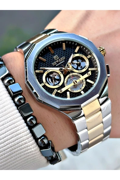 Reward Altın Gümüş Renk Fonksiyonlu Çelik Kordon Erkek Kol Saati + BİLEKLİK HEDİYELİ - Resim 3