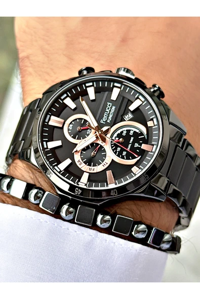 Ferrucci Siyah Renk Şık Spor Çelik Kordon  Fonksiyonlu Erkek Kol Saati + BİLEKLİK ürün görseli 1