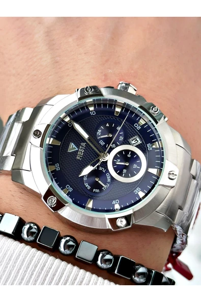 Fiesta Gümüş Renk Fonksiyonlu Çelik Makine Garantili Erkek Kol Saati + BİLEKLİK ürün görseli 1