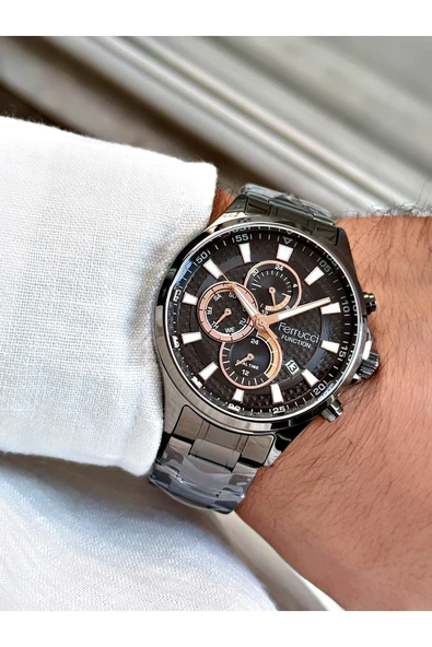 Ferrucci Füme Renk Spor Çelik Kordon Orijinal Erkek Kol Saati + BİLEKLİK HEDİYELİ - Resim 2