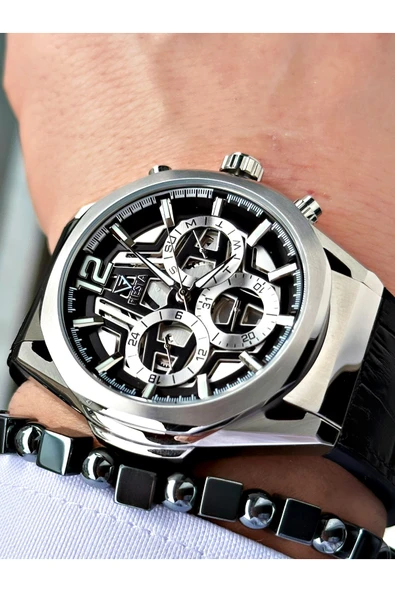 Fiesta Siyah Renk Fonksiyonlu Çelik Kasa Spor Deri Silikon Erkek Kol Saati + BİLEKLİK ürün görseli 1