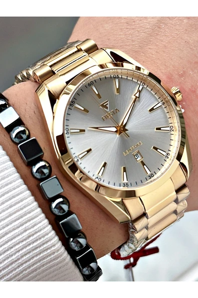 Fiesta Altın Silver Renk Çelik Kasa Kordon Erkek Kol Saati + BİLEKLİK ürün görseli 1