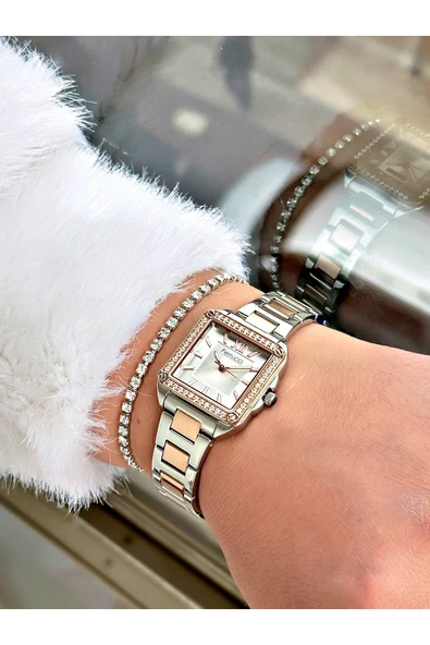 Ferrucci Gümüş Rose Renk Kare Model Taşlı Çelik Kordon Kadın Kol Saati + BİLEKLİK HEDİYELİ - Resim 2