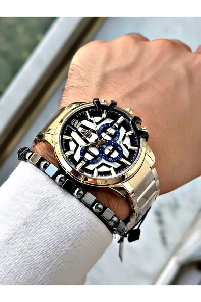 Reward Altın Renk Büyük Kasa Çelik Kordon  Erkek Kol Saati + BİLEKLİK - Resim 3