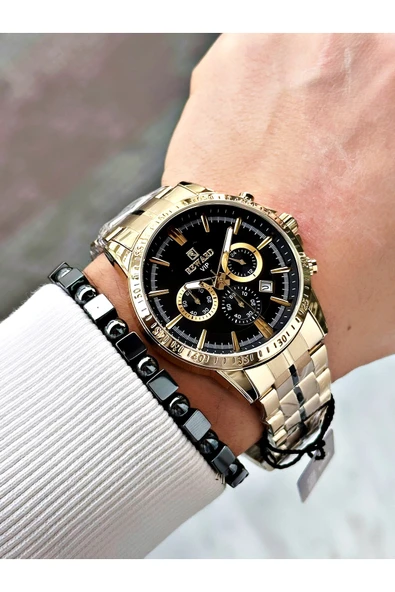 Reward Altın Renk Fonksiyonlar Aktif Ortası Şeritli Çelik Kordon Erkek Kol Saati + BİLEKLİK - Resim 2