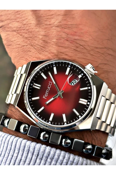 Ferrucci Gümüş Renk Klasik Takvimli Çelik Kordon Erkek Kol Saati + BİLEKLİK ürün görseli 1