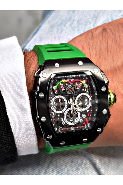 Navimarine Yeşil Renk Fonksiyonlu Spor Silikon Kare Erkek Kol Saati + BİLEKLİK HEDİYELİ - Resim 6