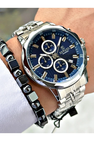 Reward Gümüş Renk Fonksiyonlu Çelik Kordon Erkek Kol Saati + BİLEKLİK HEDİYELİ - Resim 3