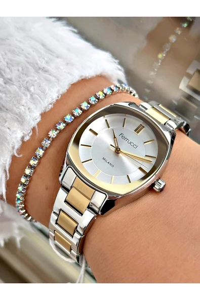 Ferrucci Altın Renk Klasik Aynalı Camlı Kadın Kol Saati + BİLEKLİK HEDİYELİ ürün görseli 1