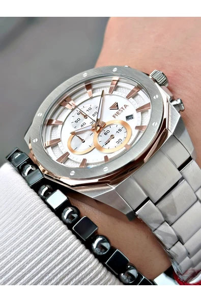 Fiesta Gümüş Renk Çelik Elite Mekanizma Garantili Fonksiyonlu Erkek Kol Saati + BİLEKLİK - Resim 4