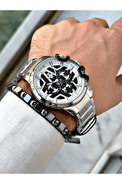 Reward Gümüş Renk Büyük Kasa Çelik Kordon  Erkek Kol Saati + BİLEKLİK - Resim 3