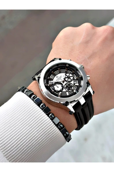 Reward Siyah Renk Deri Kordon Çelik Kasa Fonksiyonlu Erkek Kol Saati + BİLEKLİK - Resim 2