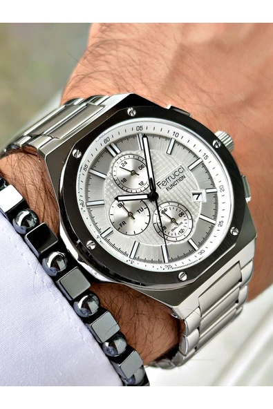 Ferrucci Gümüş Renk Çelik Kordon Fonksiyonlar Aktif Erkek Kol Saati + BİLEKLİK - Resim 4