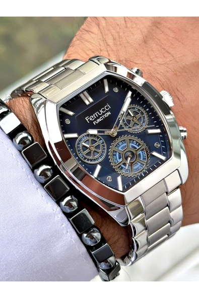 Ferrucci Gümüş Renk Fonksiyonlar Aktif Kare Model Klasik Erkek Kol Saati + BİLEKLİK - Resim 3