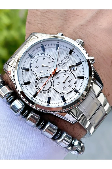 Ferrucci Gümüş Renk Silver Kadran Fonksiyonlar Aktif Erkek Kol Saati Bileklik Hediyeli - Resim 3