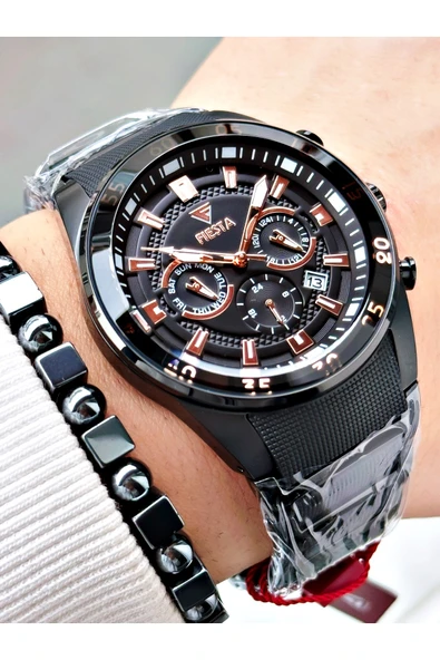 Fiesta Siyah Renk Silikon Metal Çelik Kasa Kordon Erkek Kol Saati + BİLEKLİK ürün görseli 1
