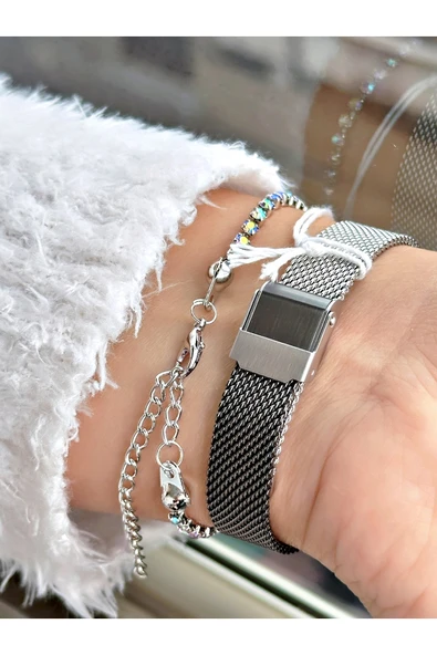 Ferrucci Gümüş Renk Kesme Cam Model Hasır Kordon  Kadın Kol Saati + BİLEKLİK - Resim 3