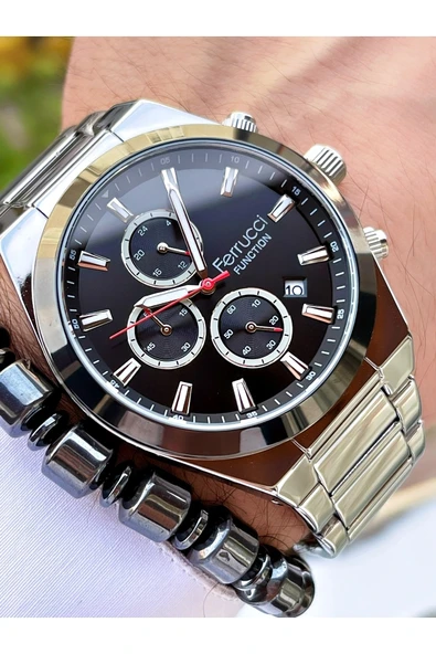 Ferrucci Gümüş Renk Siyah Kadran Fonsiyonlar Aktif Çelik Kordon Erkek Kol Saati + Bileklik Hediyeli ürün görseli 1