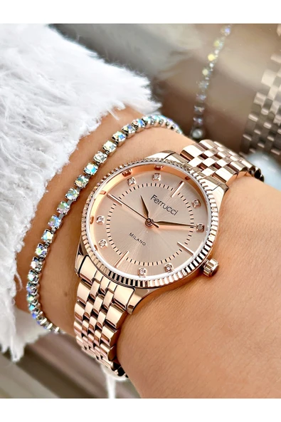 Ferrucci Rose Gold Sade Klasik Model Çelik Kordon  Kadın Kol Saati + BİLEKLİK HEDİYELİ ürün görseli 1