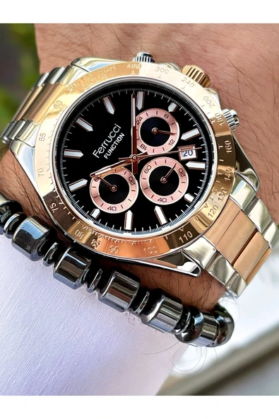 Ferrucci Rose Gold Gümüş Siyah Kadran Fonksiyonlar Aktif Erkek Kol Saati + Bileklik Hediyeli - Resim 3