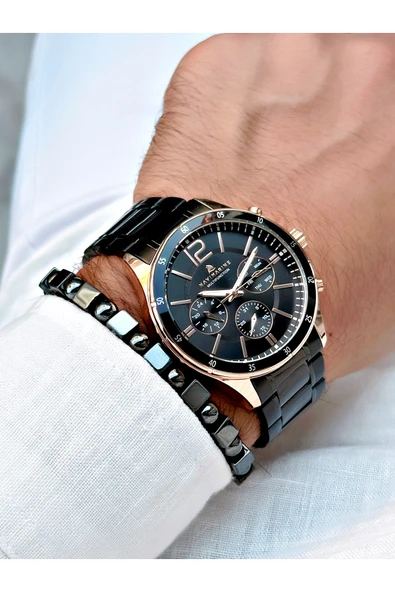 Navimarine Siyah Renk Çelik Kordon Fonksiyonlu Erkek Kol Saati + BİLEKLİK - Resim 2