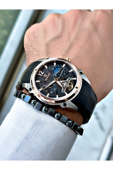 Reward Siyah Renk Deri Kordon Çelik Kasa  Mekanizma Lüx Erkek Kol Saati + BİLEKLİK HEDİYELİ - Resim 3