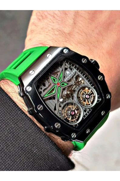 Navimarine Yeşil Renk Otomatik Business Orijinal Çift Türbünlü Silikon Spor Kol Saati + Bileklik Hediyeli ürün görseli 1
