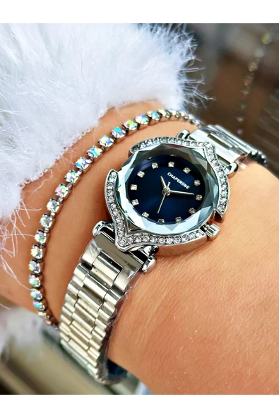 Chaperone Gümüş Renk Taşlı Model Minimal Aynalı Kadın Kol Saati + BİLEKLİK - Resim 3