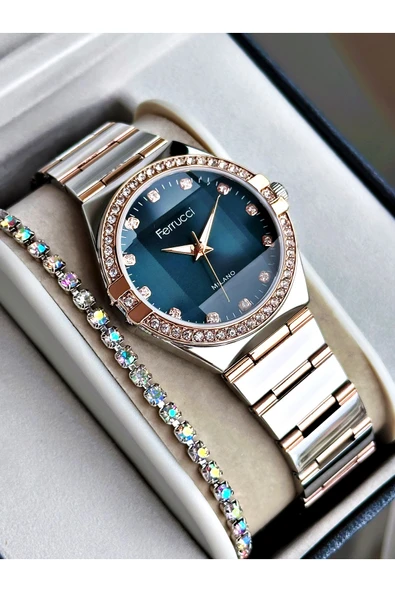 Ferrucci Rose Gold Gümüş Mavi Kadran Renk Aynalı Model Taşlı Model Kadın Kol Saati + BİLEKLİK ürün görseli 1