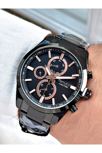 Ferrucci Siyah Renk Çelik Kordon Şık Dizayn Fonksiyonlar Aktif Erkek Kol Saati + BİLEKLİK HEDİYELİ ürün görseli 1