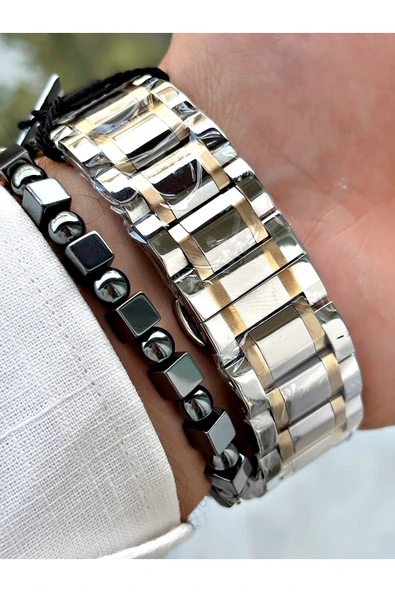 GÜMÜŞ Gümüş Renk Kare Model Çelik Kordon  Erkek Kol Saati + Bileklik - Resim 5