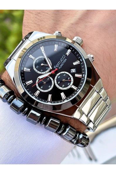 Ferrucci Gümüş Renk Siyah Kadran Fonsiyonlar Aktif Çelik Kordon Erkek Kol Saati + Bileklik Hediyeli - Resim 3