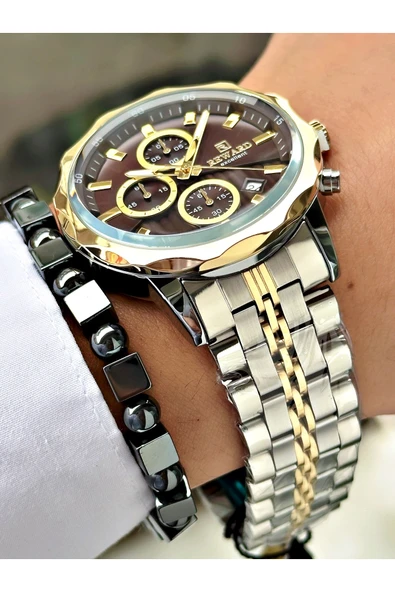 Reward Altın Gümüş Renk Fonksiyonlu Çelik Kordon Erkek Kol Saati + BİLEKLİK HEDİYELİ - Resim 3