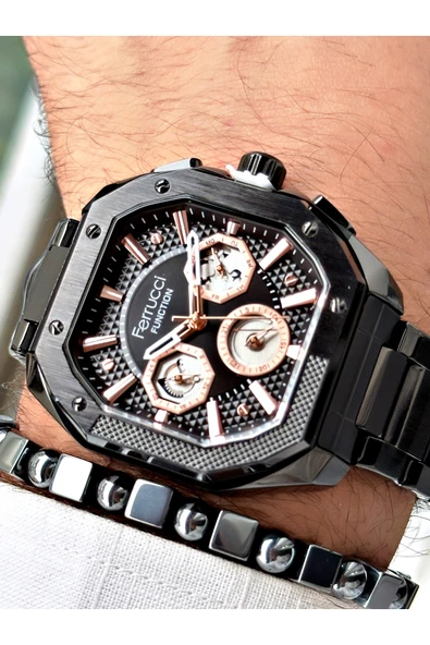 Ferrucci Siyah Renk Kare Fonksiyonlu  Çelik Kordon Erkek Kol Saati + BİLEKLİK HEDİYELİ ürün görseli 1