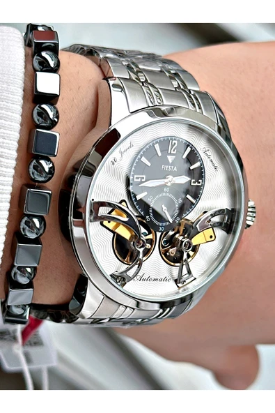 Fiesta Gümüş Renk Çift Türbünlü Otomatik Business Erkek Kol Saati + BİLEKLİK - Resim 2