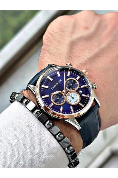 Chaperone Lacivert Renk Deri Kordon Fonksiyonlu  Erkek Kol Saati + BİLEKLİK HEDİYELİ By REWARD - Resim 2