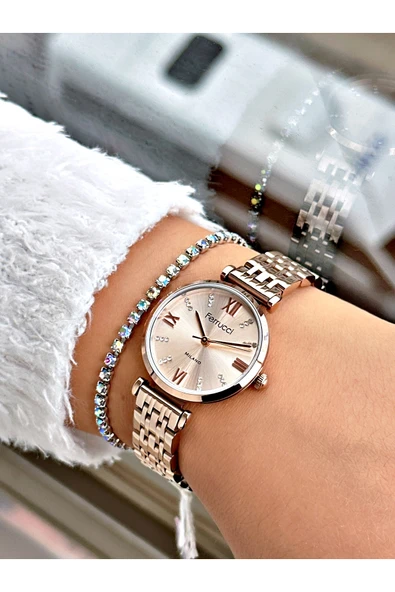 Ferrucci Rose Gold Renk Roma Rakamlı Sade Model Çelik Kordon Kadın Kol Saati + BİLEKLİK - Resim 2