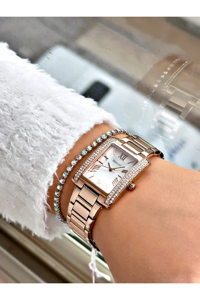 Ferrucci Rose Gold Renk Kare Taşlı Model Çelik Kordon Kadın Kol Saati + BİLEKLİK - Resim 2