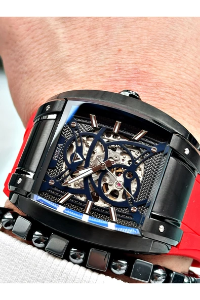 Fiesta Kırmızı Renk Spor Silikon Kare Çelik Kasa Otomatik Business Erkek Kol Saati + BİLEKLİK - Resim 3